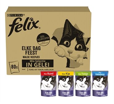 Felix pouch elke dag feest in gelei tonijn / kabeljauw / rund / kip